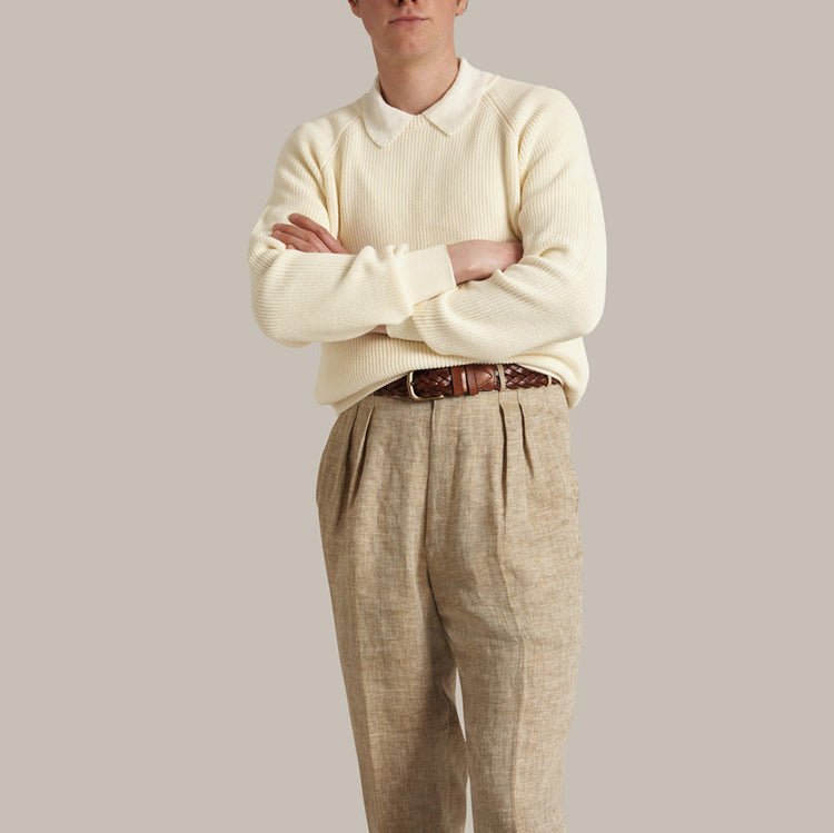 Ribbed Cotton Raglan Sweater in Light Cream
