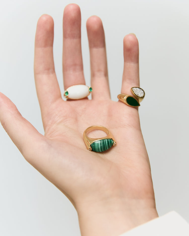 Oval Malachite and Diamond Signet Ring