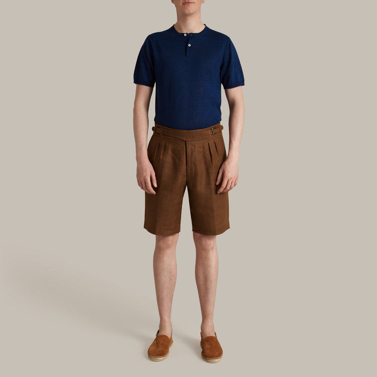 Short Sleeve Knitted Linen Henley Shirt in Navy