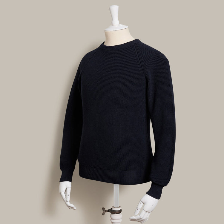 Ribbed Cotton Raglan Sweater in Dark Navy