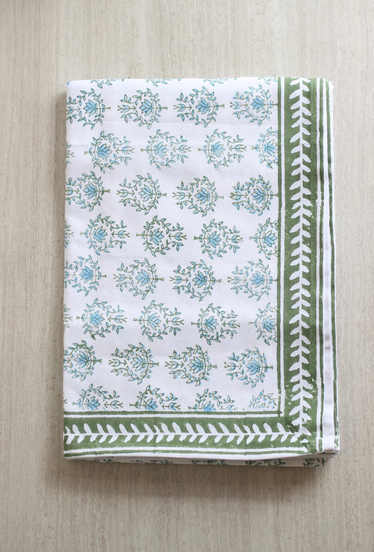 Table Throw in Lotus, Sage & Uniform Blue with Sage Vine Border