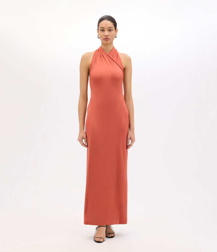 Gathered Halter Dress in Persimmon