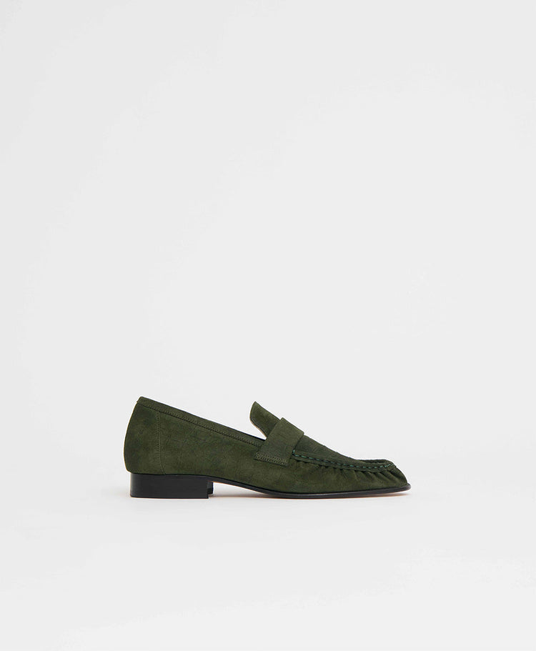 Ruched Loafer in Moss Croc