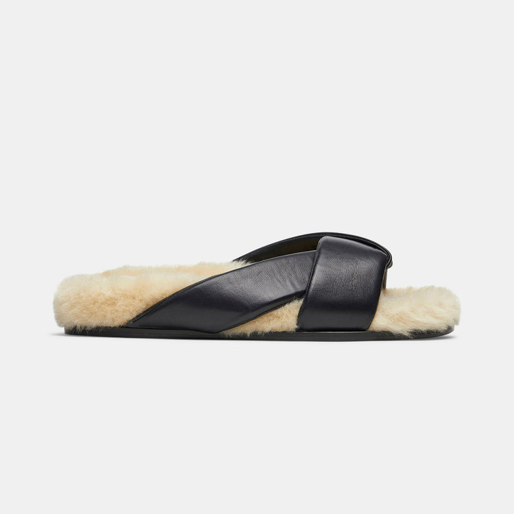 Folded Slide in Black Nappa and Shearling