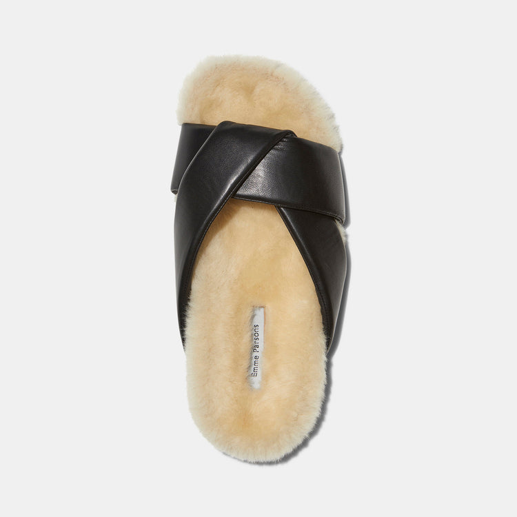 Folded Slide in Black Nappa and Shearling