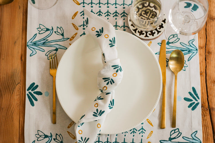 Dinner Napkins (Set of Four) in Fiore Dot (Small), Midnight Green & Mustard