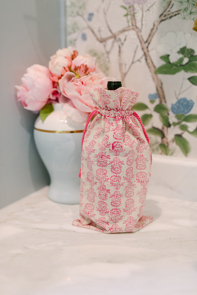 Wine Gift Bag in Pink Thread with Protea, Pink