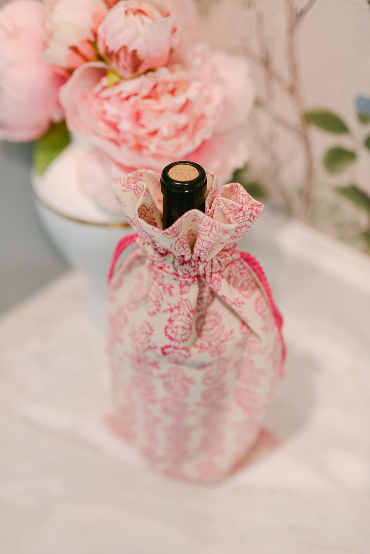Wine Gift Bag in Pink Thread with Protea, Pink