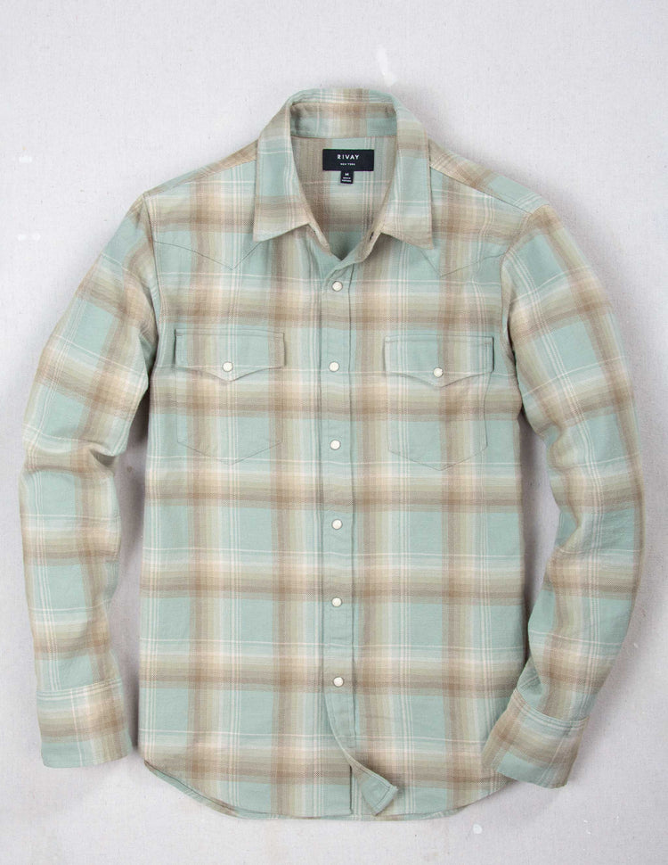 Midland Flannel Western Shirt in Stonewash Green