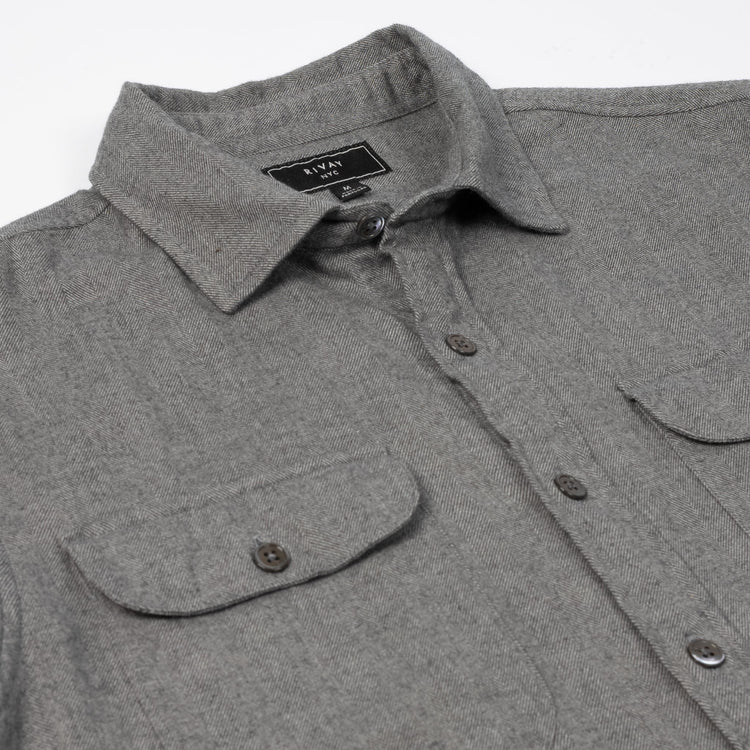 Miles Brushed Flannel Camp Shirt in Grey Herringbone