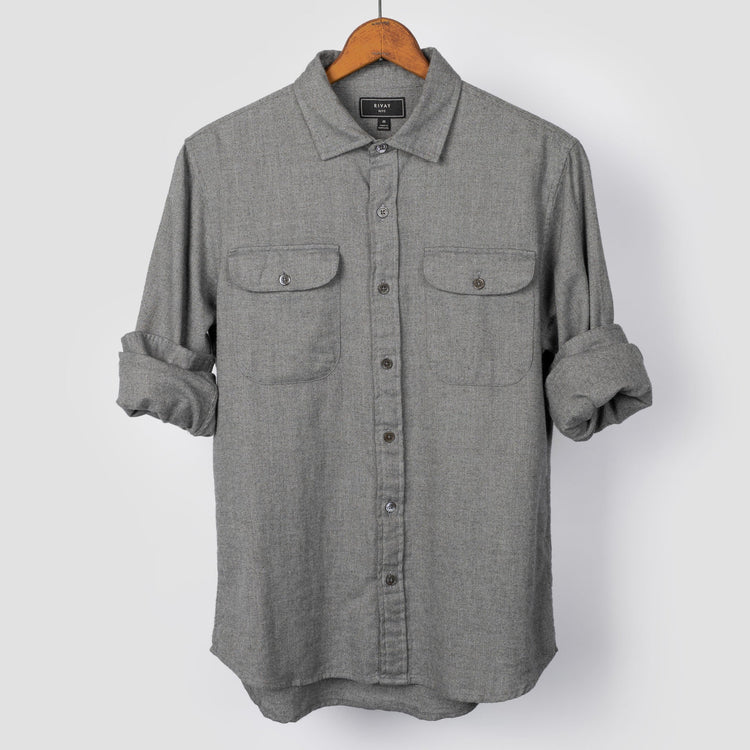 Miles Brushed Flannel Camp Shirt in Grey Herringbone
