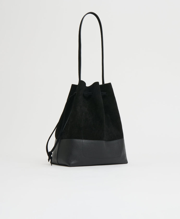 Drawstring Cabas in Black Suede/Black