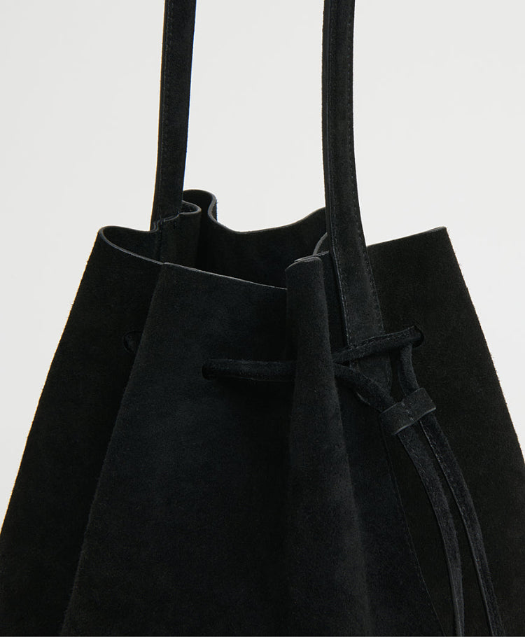 Drawstring Cabas in Black Suede/Black