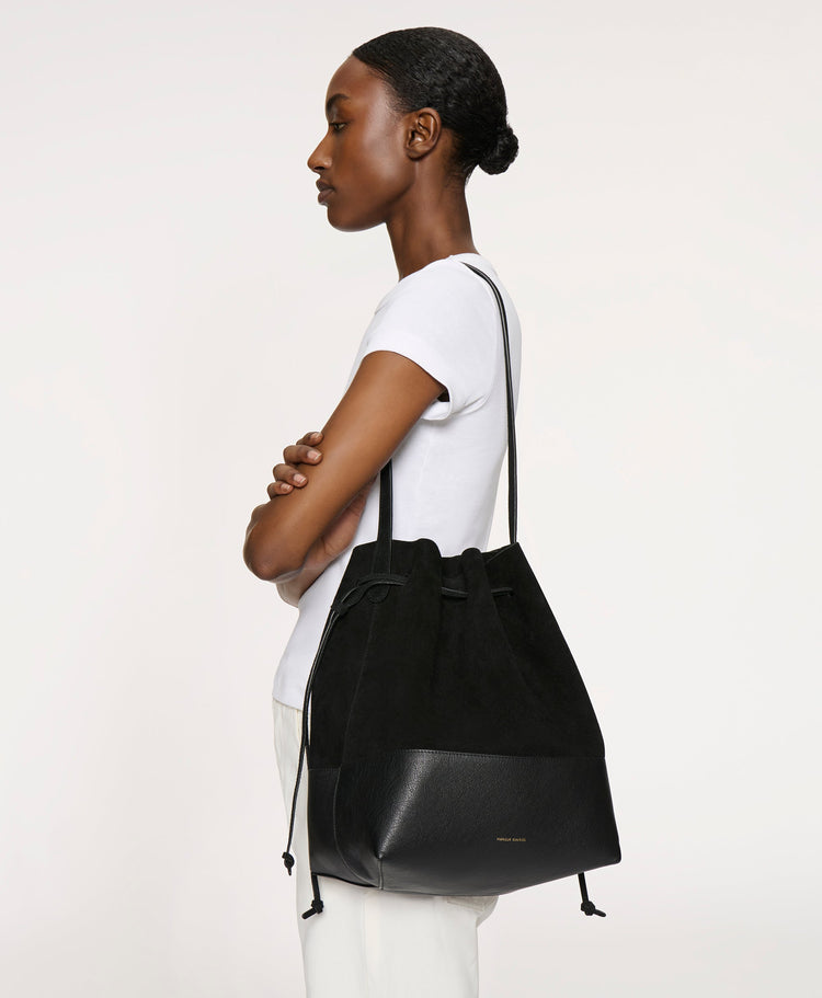 Drawstring Cabas in Black Suede/Black