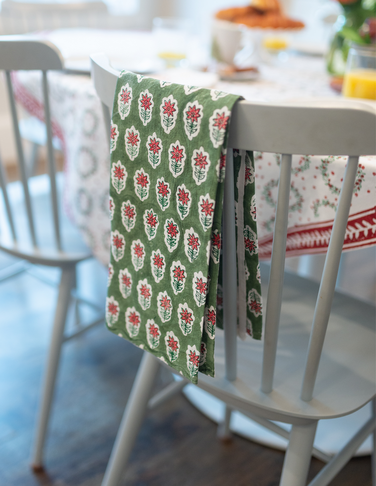 Tea Towel in Poinsettia, Sage & Red
