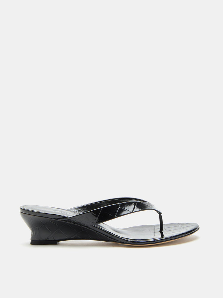 Micro Wedge Thong in Croc Effect Coco Black Leather