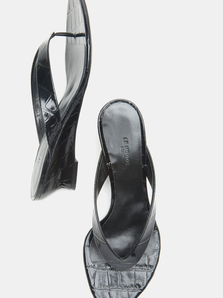 Micro Wedge Thong in Croc Effect Coco Black Leather