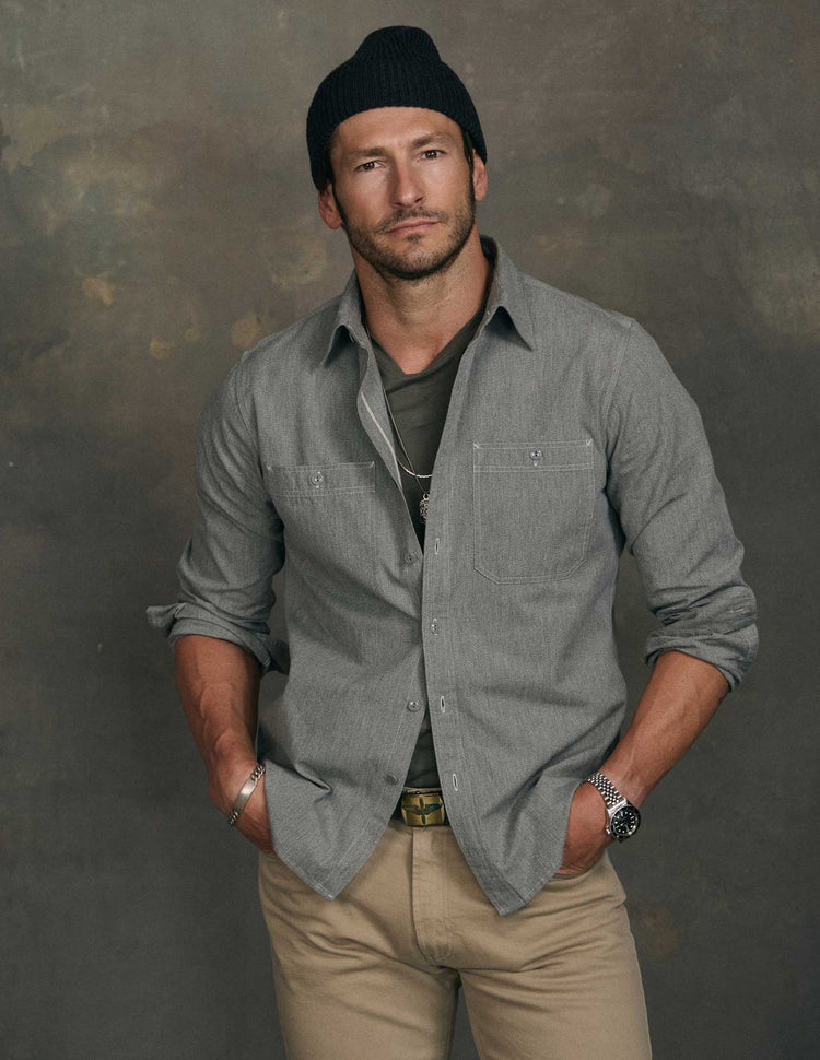 Weston Marled Selvedge Chambray Workshirt in Sage Green