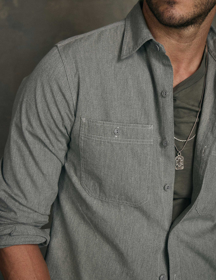 Weston Marled Selvedge Chambray Workshirt in Sage Green