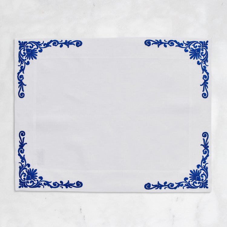 İznik Tile Flower Embroidered Placemat in Dark Blue