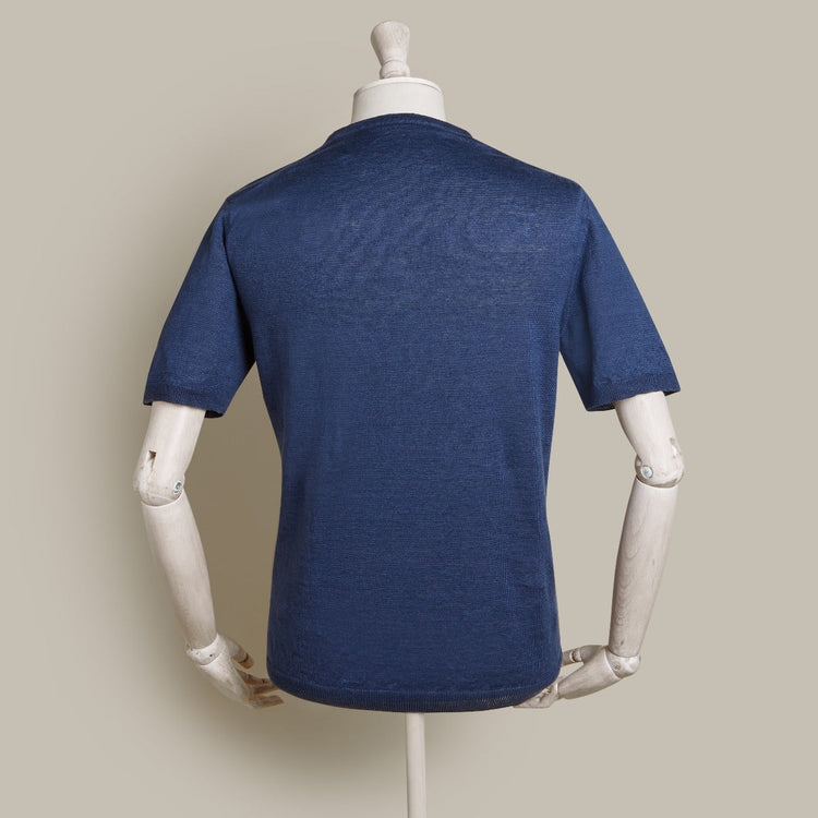 Short Sleeve Knitted Linen Henley Shirt in Navy