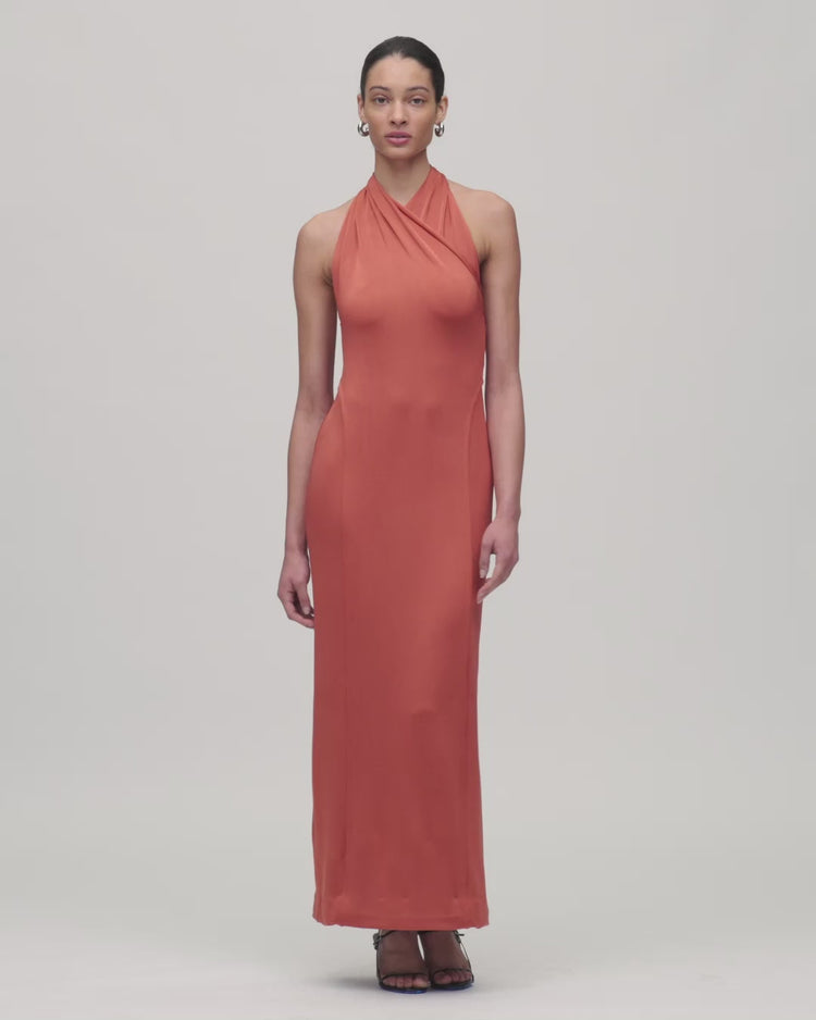 Gathered Halter Dress in Persimmon