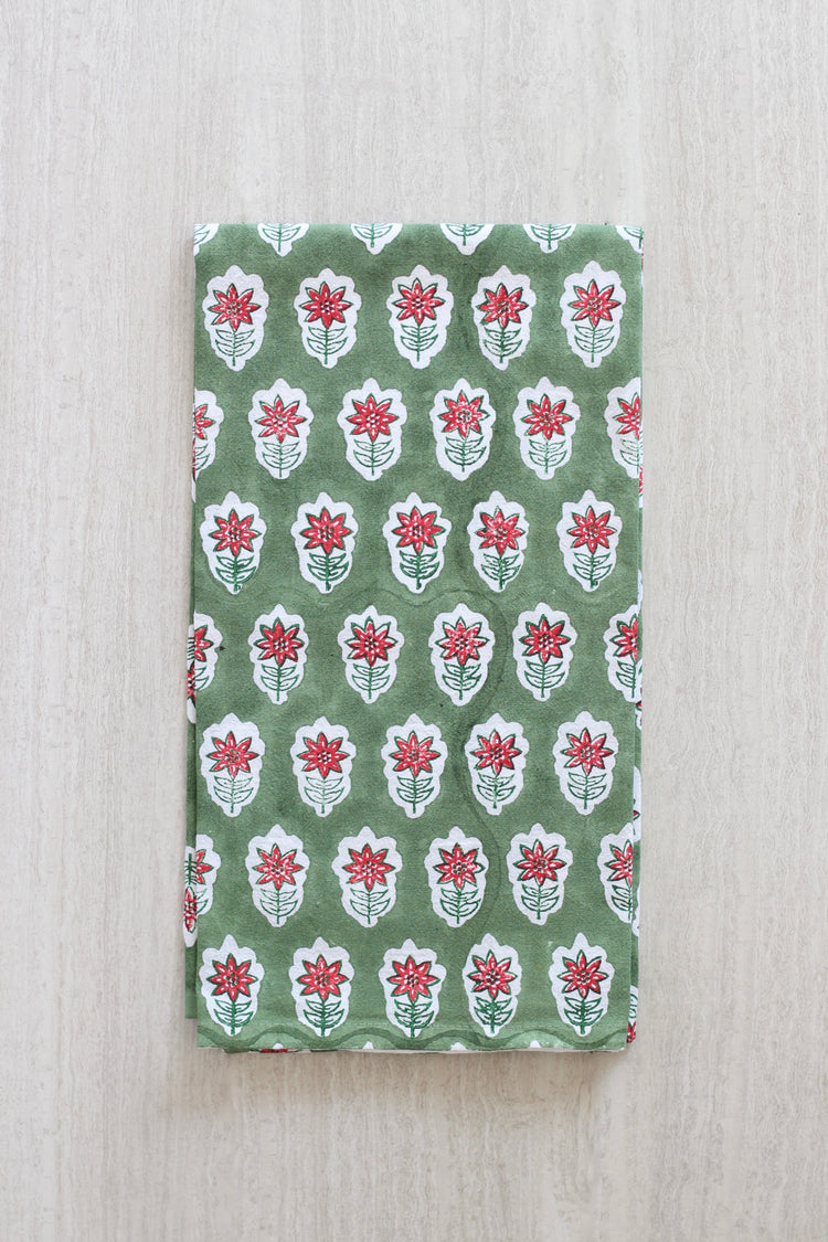 Tea Towel - Poinsettia, Sage & Red