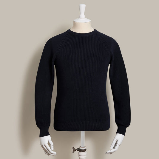 Ribbed Cotton Raglan Sweater in Dark Navy