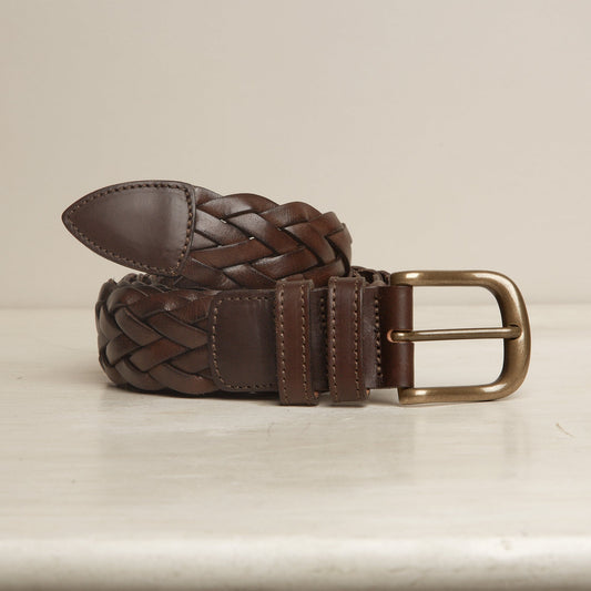 Woven Leather Belt in Dark Brown