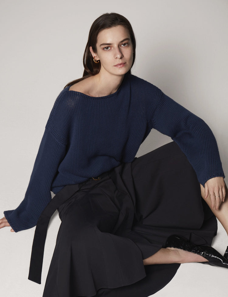 Draped Knit Sweater in Navy