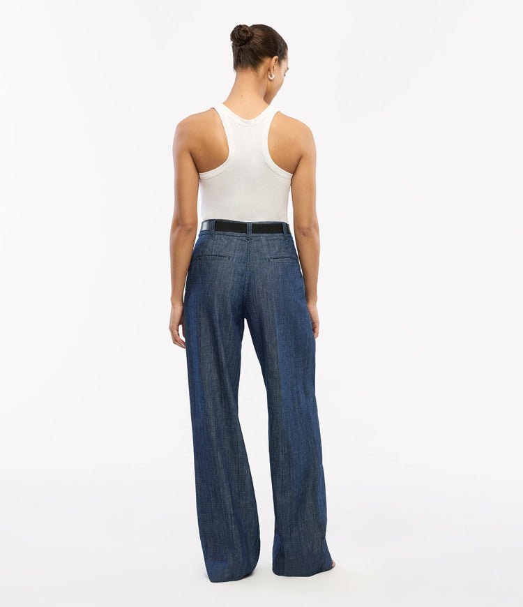 Chambray Relaxed Wide Leg Pant in Dark Blue