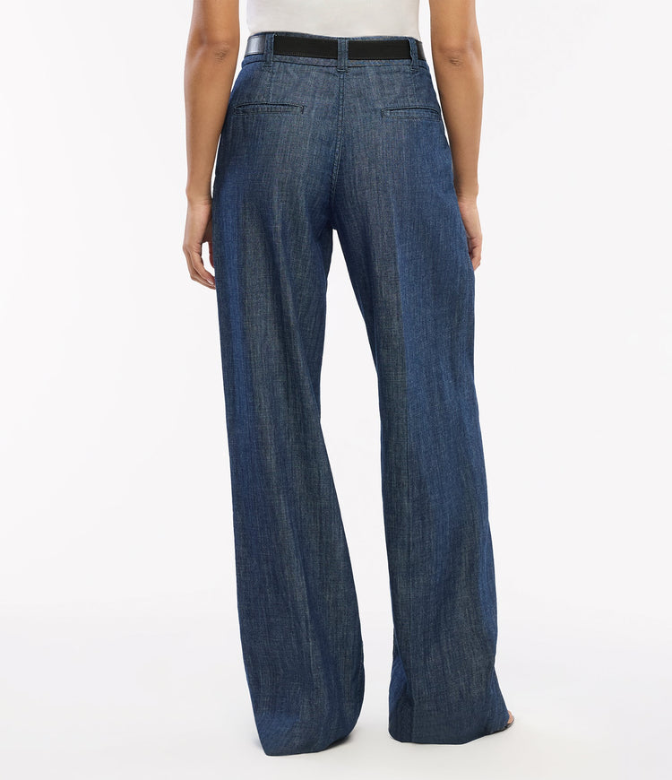 Chambray Relaxed Wide Leg Pant in Dark Blue