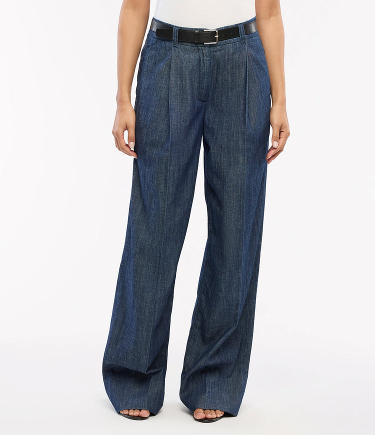 Chambray Relaxed Wide Leg Pant in Dark Blue