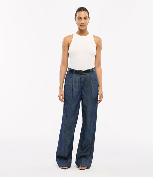 Chambray Relaxed Wide Leg Pant in Dark Blue