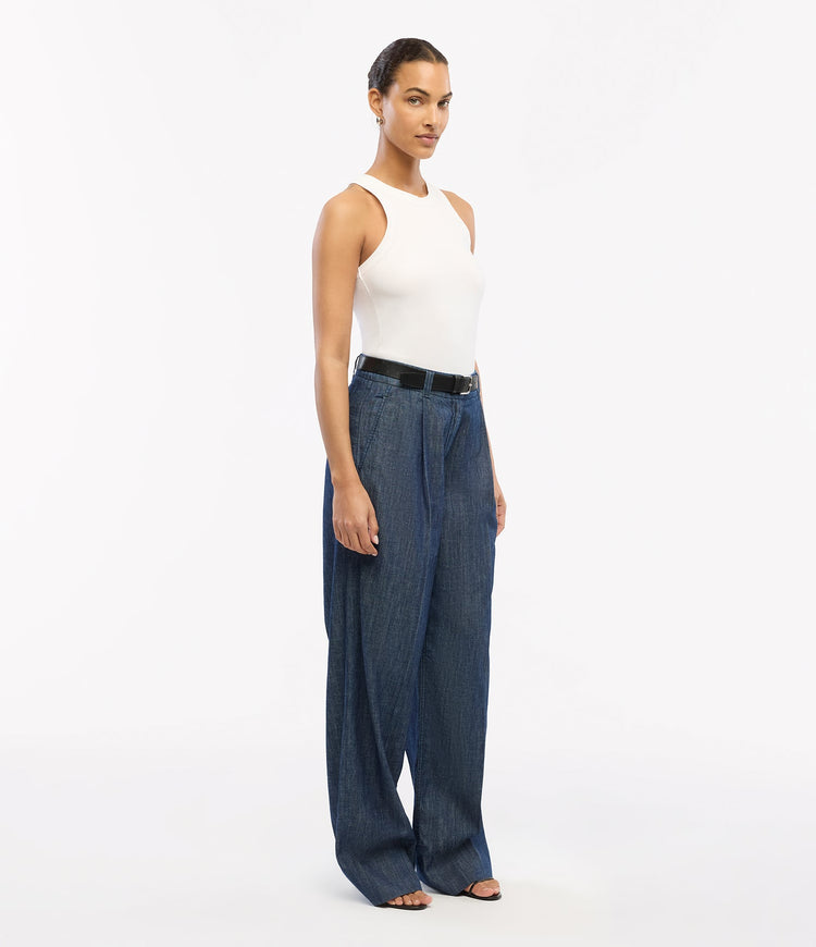 Chambray Relaxed Wide Leg Pant in Dark Blue