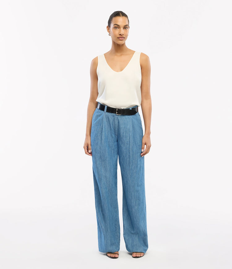 Chambray Relaxed Wide Leg Pant in Medium Blue