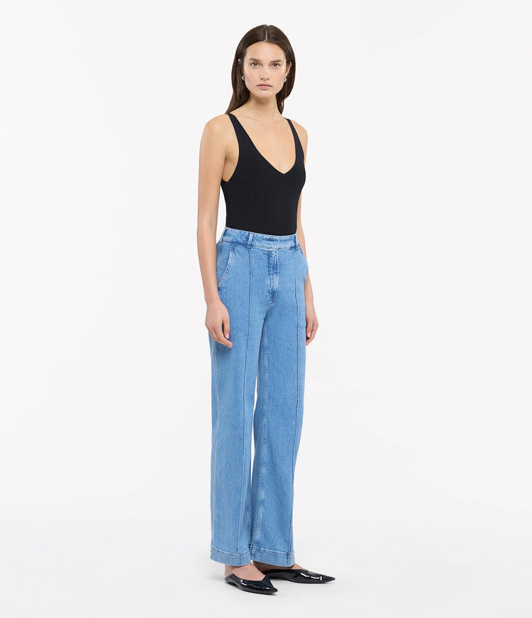 High Waisted Denim Trouser in Light Blue Wash