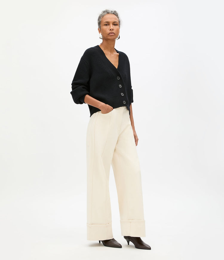 Rib Cropped Cardigan in Black