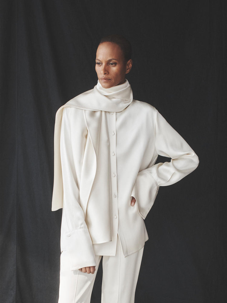 Band Collar Blouse with Scarf in Cream
