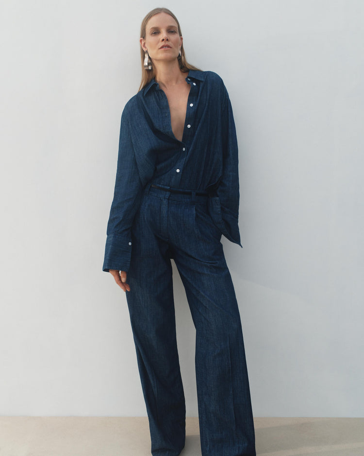 Chambray Relaxed Wide Leg Pant in Dark Blue