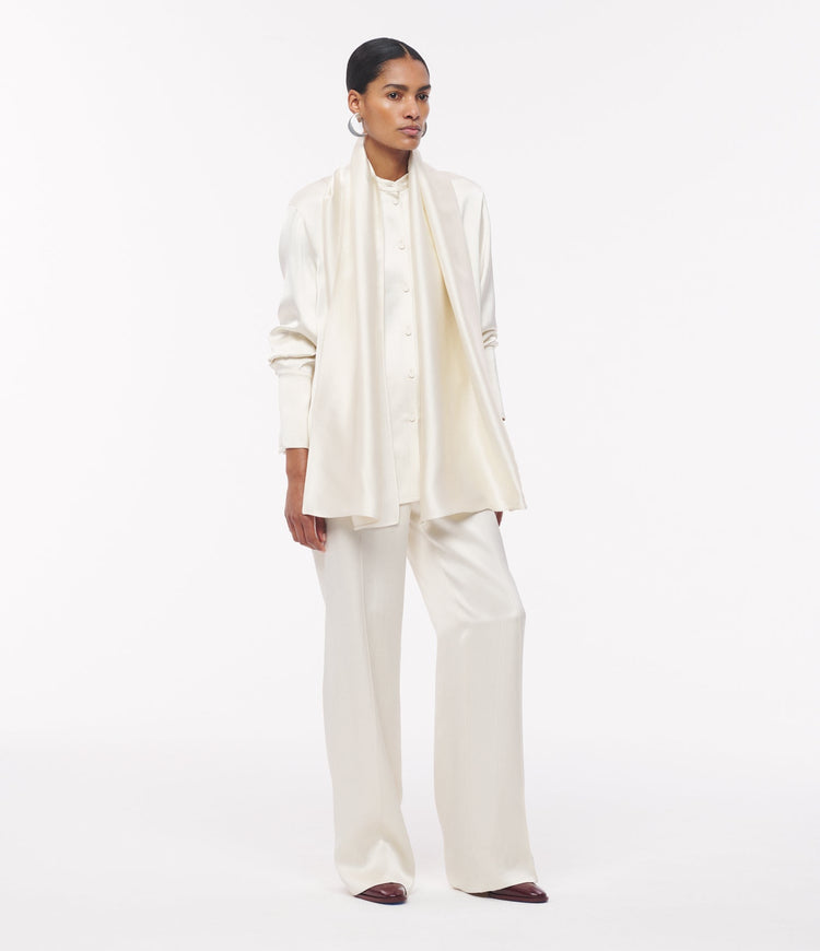 Band Collar Blouse with Scarf in Cream
