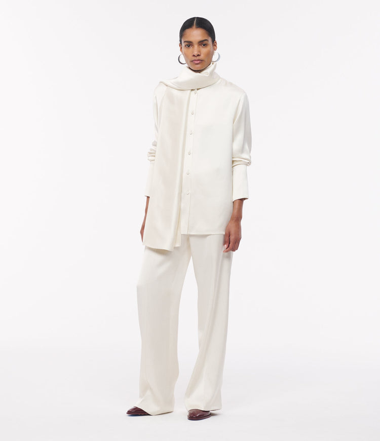 Band Collar Blouse with Scarf in Cream