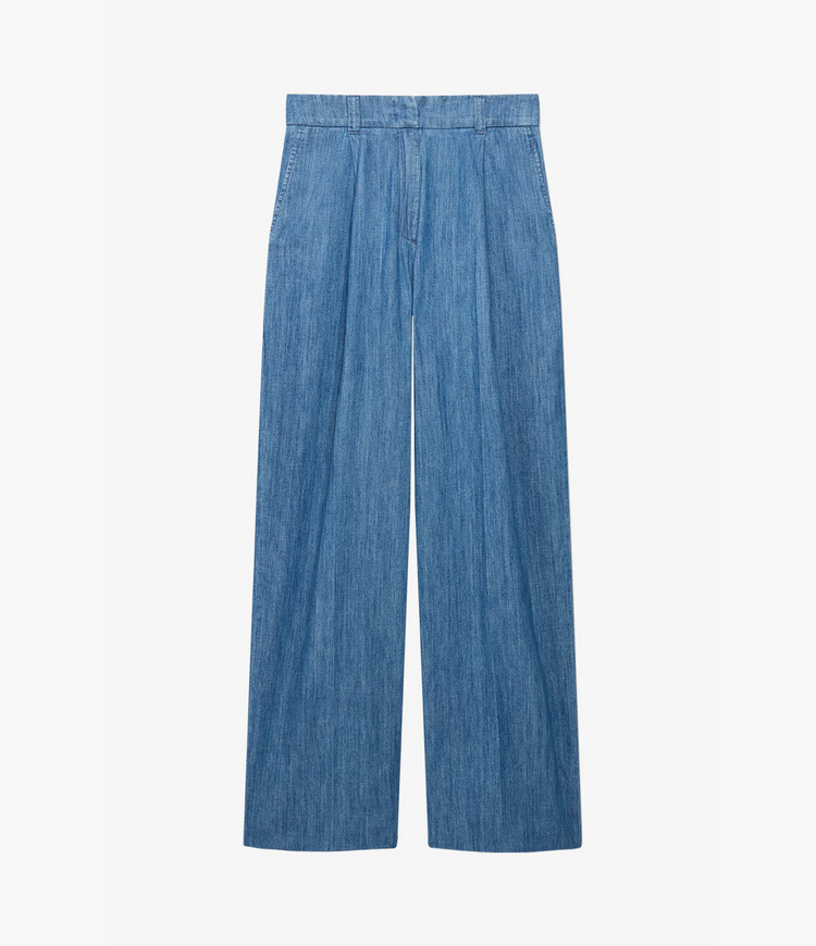 Chambray Relaxed Wide Leg Pant in Medium Blue