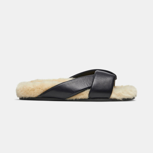 Folded Slide in Black Nappa and Shearling