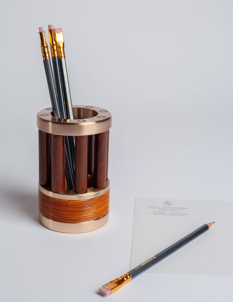 Bronze, Leather, and Jacaranda Wood Pen Holder