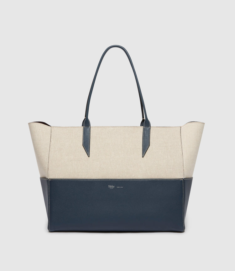 Small Incognito Cabas Bag in Linen and Navy Calfskin