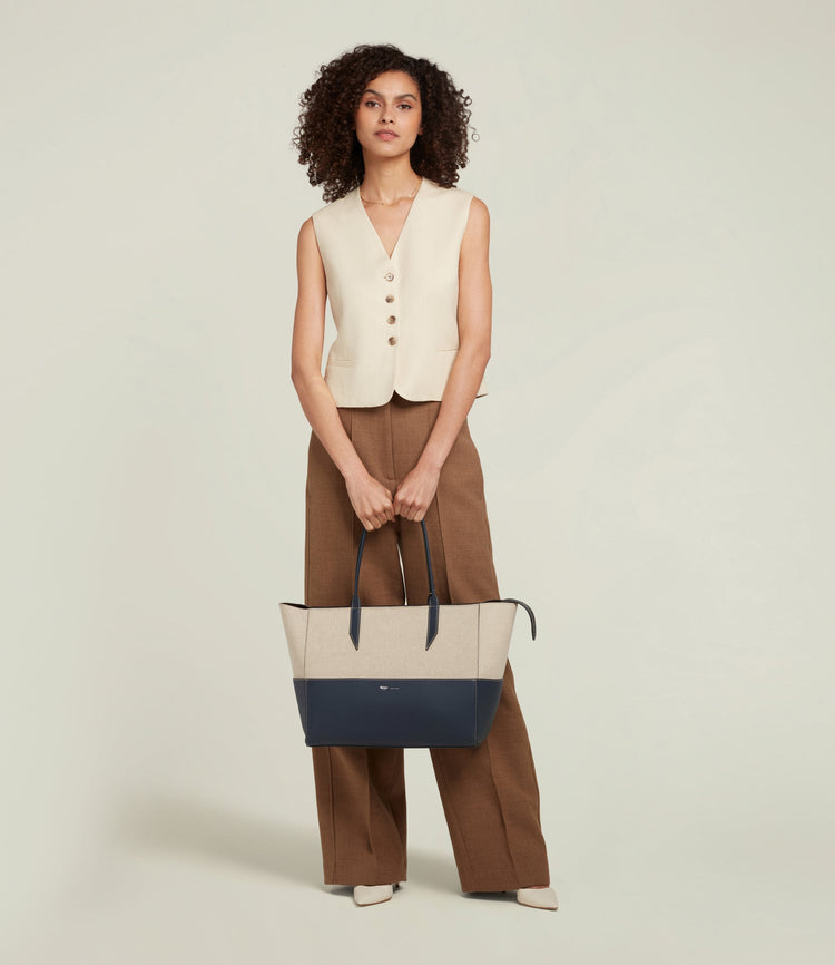 Small Incognito Cabas Bag in Linen and Navy Calfskin