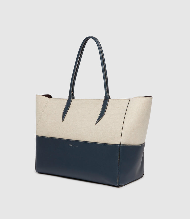 Small Incognito Cabas Bag in Linen and Navy Calfskin