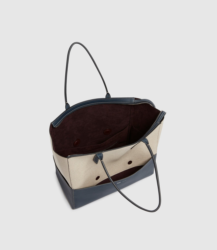 Small Incognito Cabas Bag in Linen and Navy Calfskin
