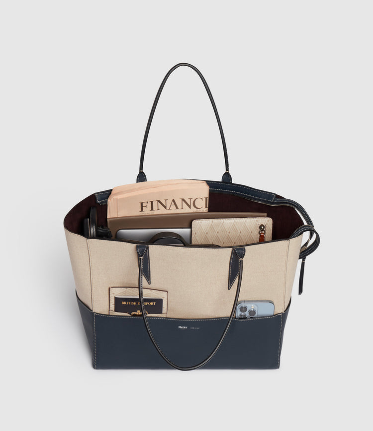 Small Incognito Cabas Bag in Linen and Navy Calfskin